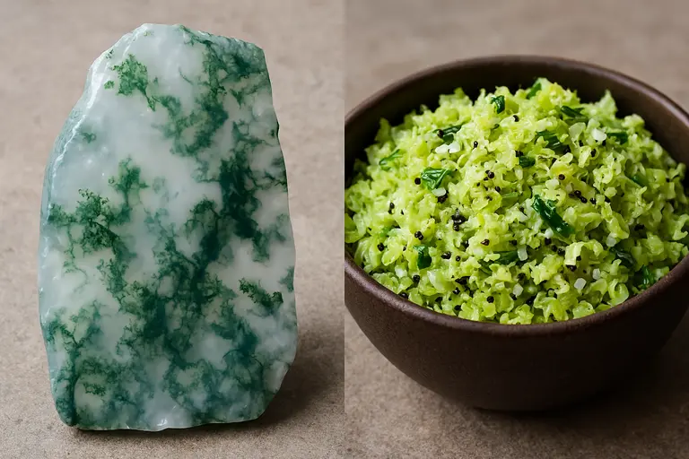 A slice of green Moss Agate next to a bowl of Kerala Cabbage Thoran illustrating Moss Agate and Cabbage Thoran.