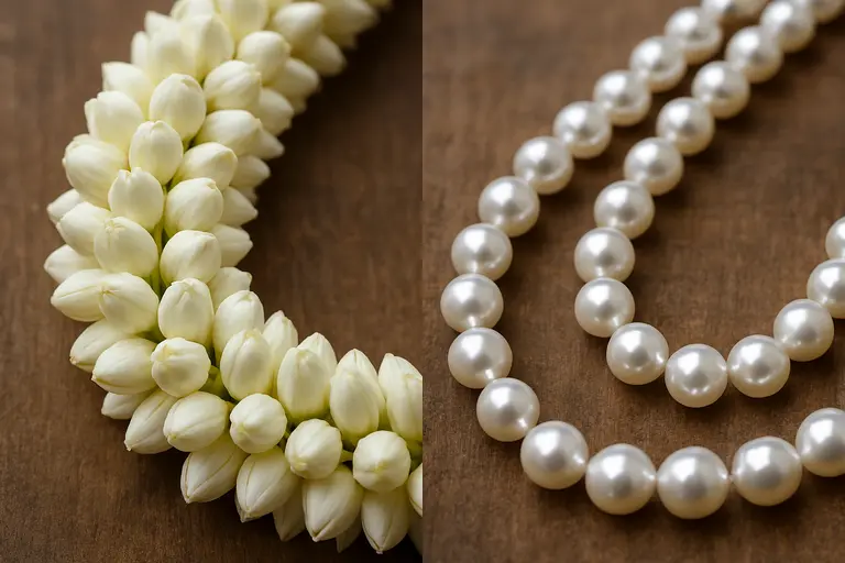 A string of fresh white Madurai Malli buds next to a strand of white pearls illustrating Madurai Malli and Pearls.