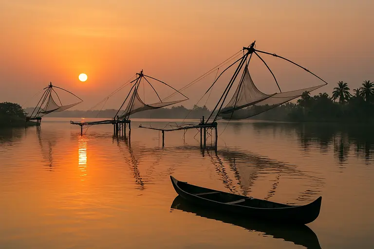 A scenic view of Chinese fishing nets at sunrise in Kadamakudy Islands.