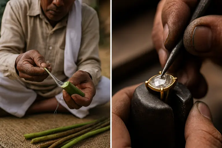 A weaver extracting fibers for Manipur Lotus Silk next to an artisan setting Kundan jewelry.