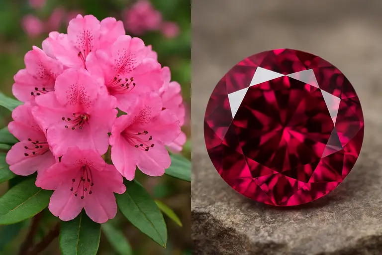 A pink Rhododendron flower next to a faceted Rhodolite Garnet gemstone.