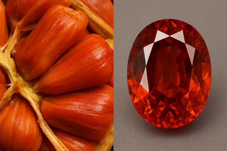 A sliced Sindoor Jackfruit showing red arils next to a Spessartite Garnet.