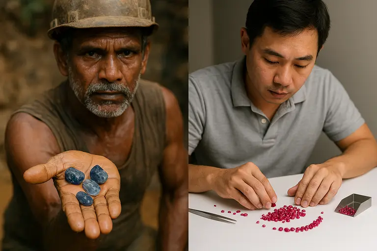 A street gem dealer in Ratnapura comparing stones with a table trader in Chanthaburi.