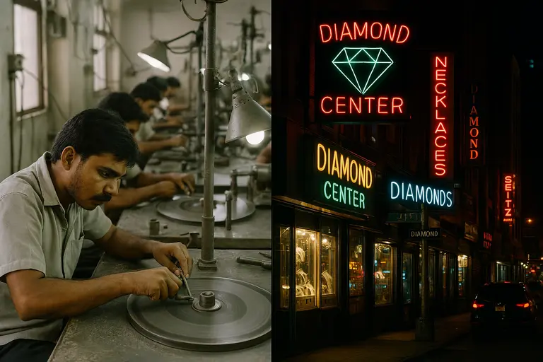 Traders at the Surat Diamond Bourse next to a storefront on 47th Street New York.