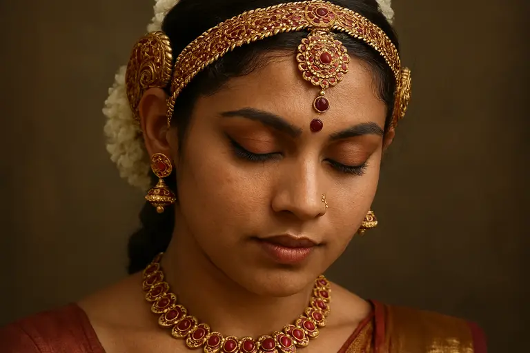 A Bharatanatyam dancer wearing a full set of Nagercoil Temple Jewellery.