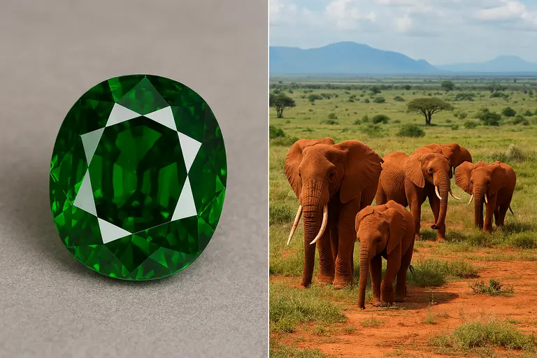 A rough green Tsavorite Garnet crystal next to a photo of elephants in Tsavo Park.