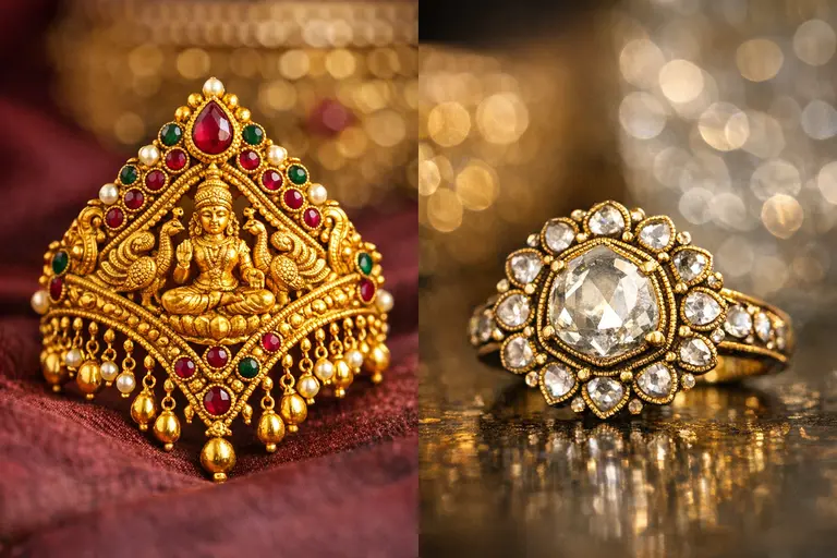 A traditional South Indian Vanki gold ring next to a North Indian Polki diamond ring illustrating Indian Wedding Rings.