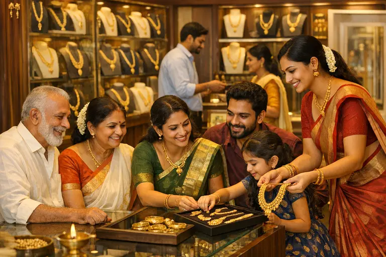 A respectful jewelry store manager assisting a diverse group of customers illustrating Muslim and Brahmin Jewelry Buyers.