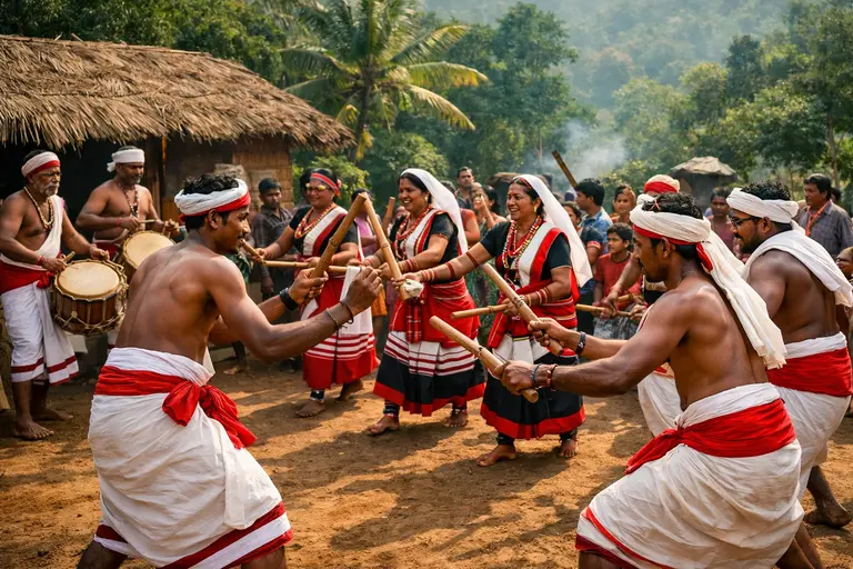 Tribal artisans in Wayanad performing a traditional dance during a festival illustrating Wayanad Tribal Culture.