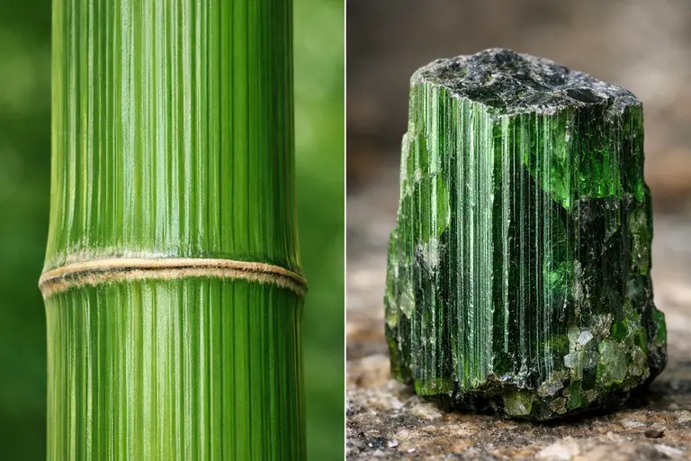 A rough green tourmaline crystal with vertical striations next to a stalk of bamboo illustrating Bamboo and Green Tourmaline.