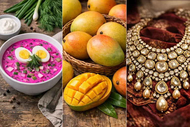 A collage showing pink soup, yellow mangoes, and vibrant jewelry illustrating 3 Colorful Festivals in 2026.