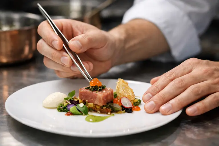 A chef plating a gourmet dish illustrating Asia's 50 Best Restaurants 2026.