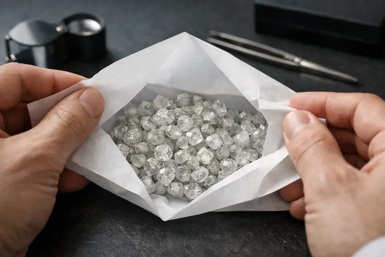 A diamond dealer examining a parcel of rough diamonds illustrating the De Beers Sightholder System.