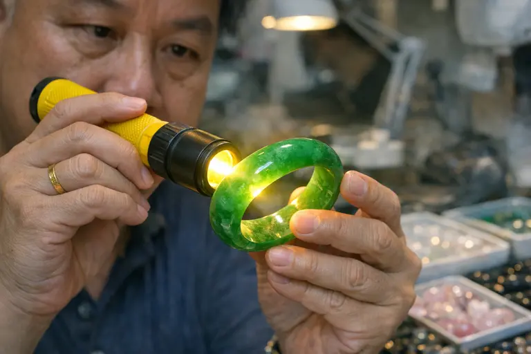 A dealer inspecting a green jadeite bangle with a flashlight in Hong Kong's Jade Trade market.