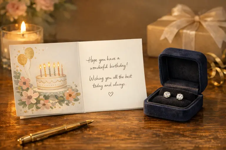A handwritten birthday card next to a gold bangle box illustrating Indian Jewelry Customers Birthday Card strategy.