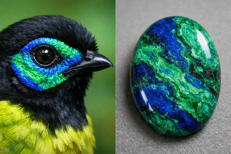 A male Schlegel's Asity bird with a blue and green face next to a polished Azurite-Malachite gemstone illustrating Schlegel's Asity and Azurite-Malachite.