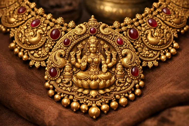 A traditional heavy gold Chettinad Jewelry necklace featuring the Kazhutheeru design.