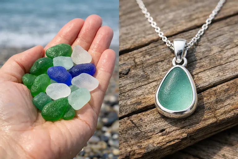 A handful of colorful frosted sea glass next to a finished silver pendant illustrating India's Sea Glass Moment.