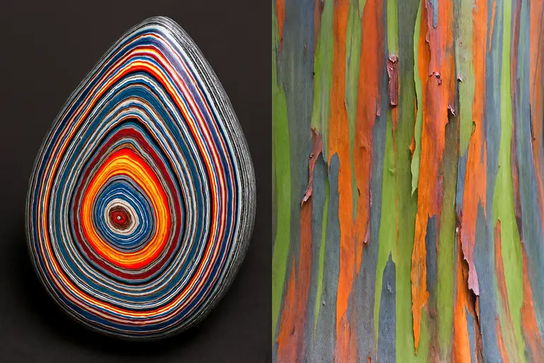 A polished Fordite cabochon next to the bark of a Rainbow Eucalyptus tree illustrating Fordite vs Rainbow Eucalyptus.