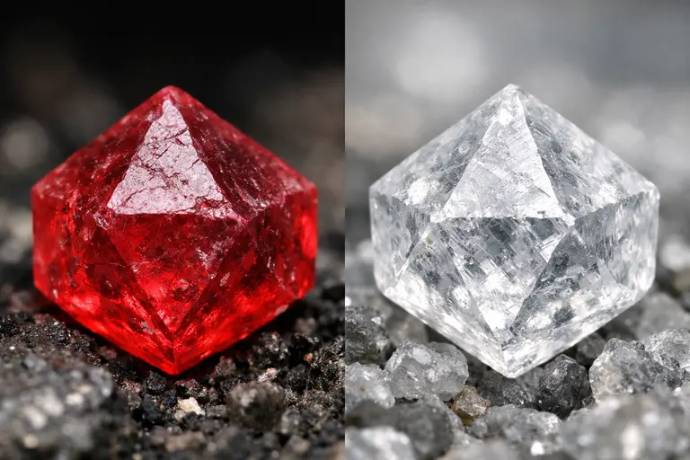 A rough Octahedral Spinel crystal next to a rough Octahedral Diamond showing identical shapes