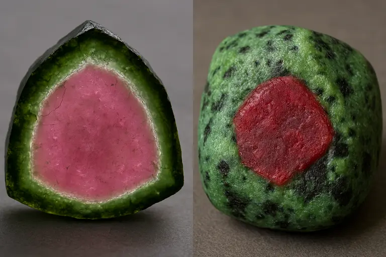 A slice of Watermelon Tourmaline next to a polished Ruby in Zoisite cabochon illustrating Watermelon Tourmaline vs Ruby in Zoisite.