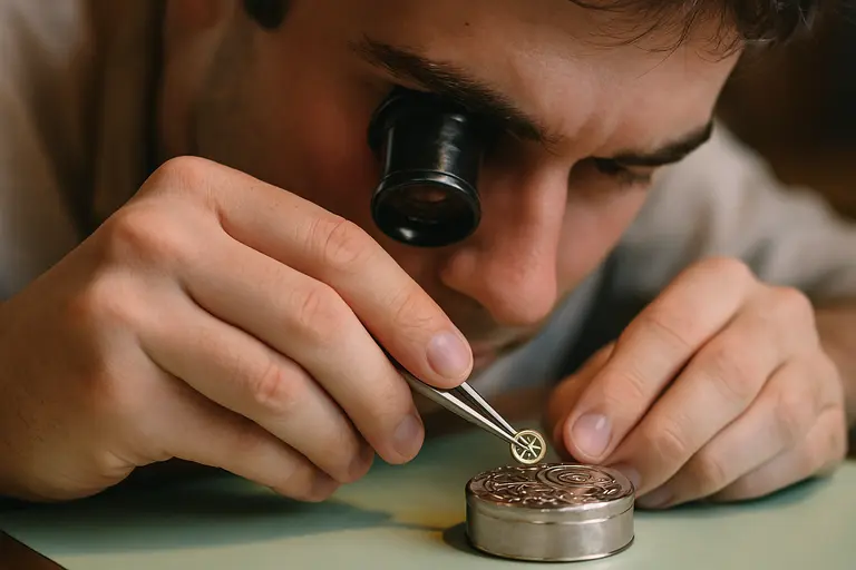 A participant assembling a movement at the Hampden Watch First Hand Workshop in Chicago.