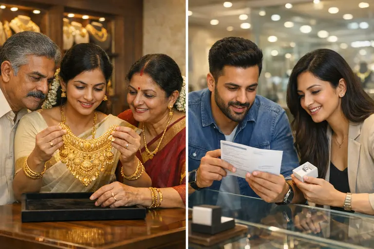 A jewelry store manager serving two different types of customers illustrating Resident vs NRK Jewelry Buyers.