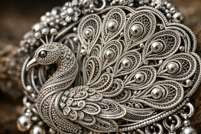 A delicate Cuttack Silver Filigree necklace featuring the Mayurpankhi peacock motif.