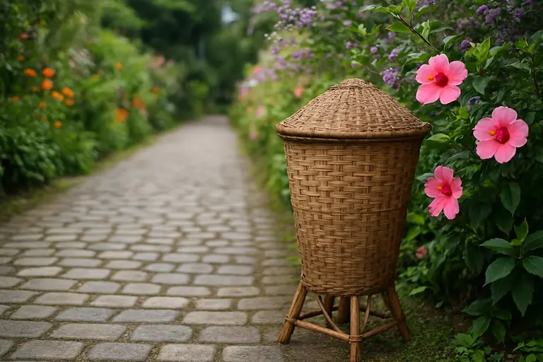 A bamboo dustbin in Mawlynnong Cleanest Village with a clean stone path.