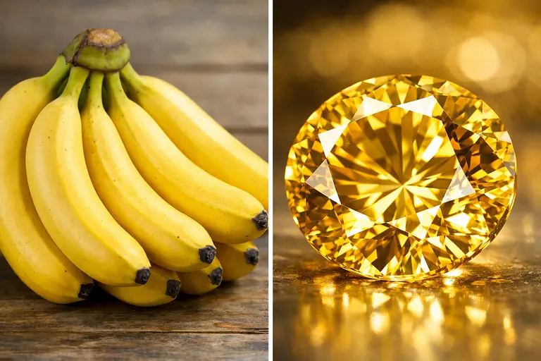 A bunch of ripe yellow Jalgaon Bananas next to a faceted Yellow Beryl gemstone illustrating Jalgaon Bananas and Yellow Beryl.