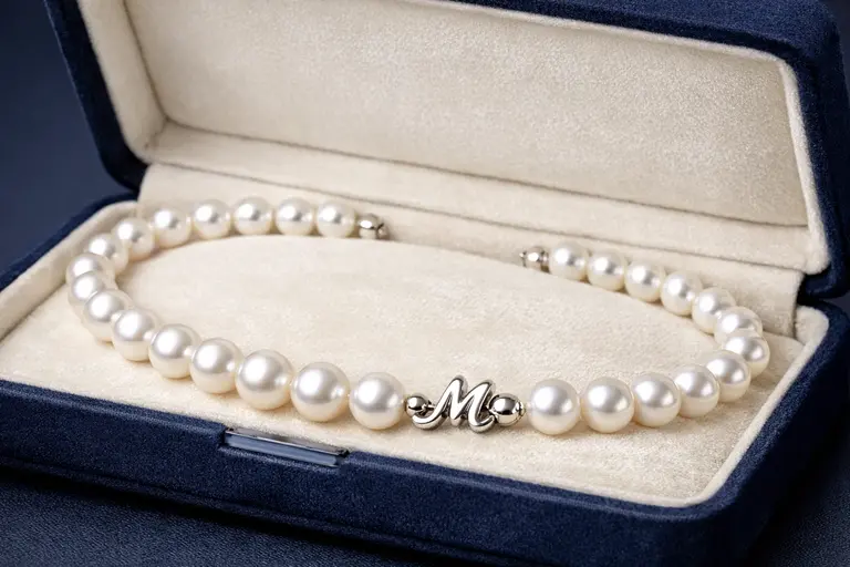 A classic strand of Akoya Mikimoto Pearls in their signature blue box.