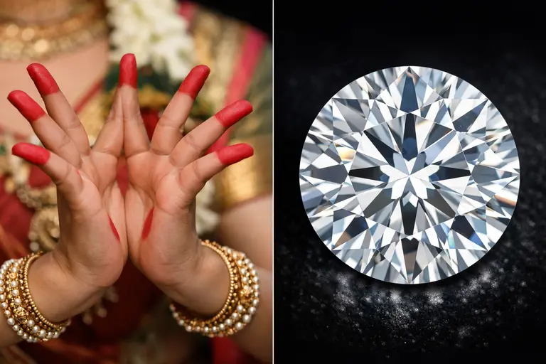 A Bharatanatyam dancer performing the Alapadma mudra next to a faceted Round Brilliant Diamond illustrating Sacred Geometry in Bharatanatyam and Gem Cutting.