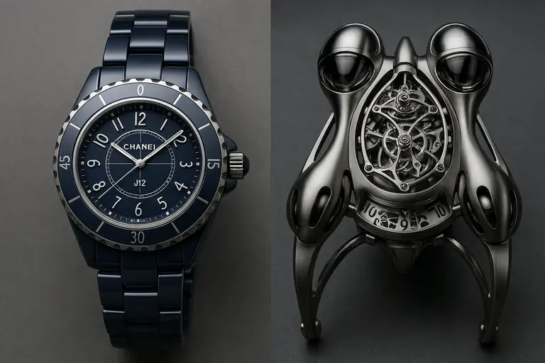 A Chanel J12 Bleu ceramic watch next to an MB&F Horological Machine illustrating Chanel Watches 2026 Strategy.
