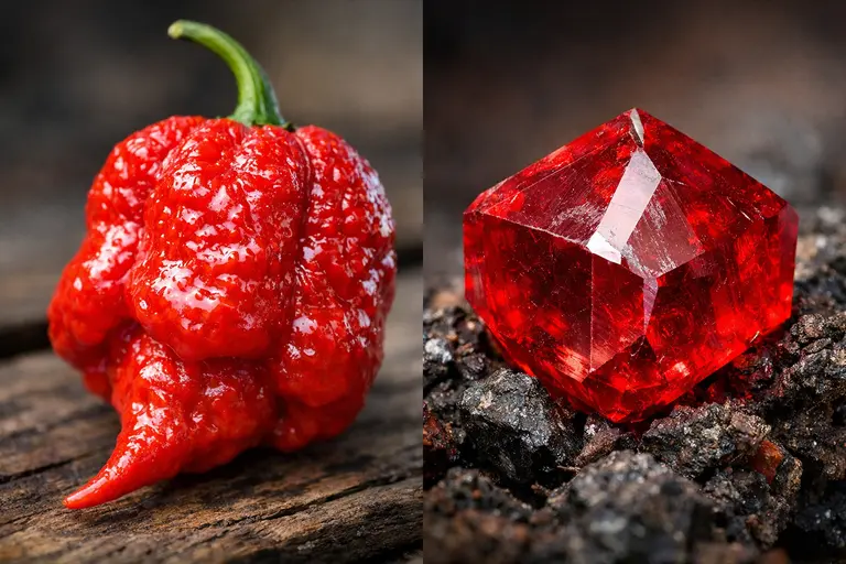 A bright red Carolina Reaper pepper next to a rough octahedral Red Spinel crystal illustrating Spinel and Carolina Reaper.