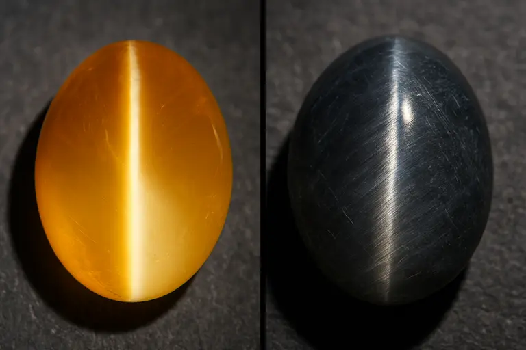 A Honey Yellow Chrysoberyl Cat's Eye next to a Grey Sillimanite Cat's Eye.