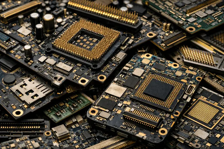 A pile of discarded green circuit boards containing gold illustrating India's E-Waste Revolution.