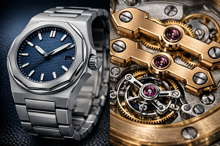 A Girard-Perregaux Laureato watch and a Three Gold Bridges movement illustrating the Girard-Perregaux Business Model.