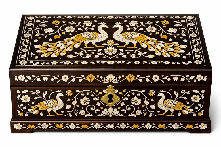 A finely detailed Mysore Rosewood Inlay jewelry box featuring a peacock motif.