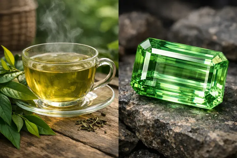 A cup of Kangra Green Tea next to a faceted green Hiddenite gemstone illustrating Kangra Green Tea and Hiddenite.