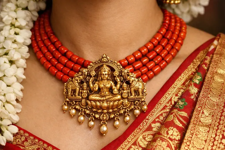A traditional Konkani Jewelry Kashithali necklace featuring red coral and a gold Lakshmi pendant.