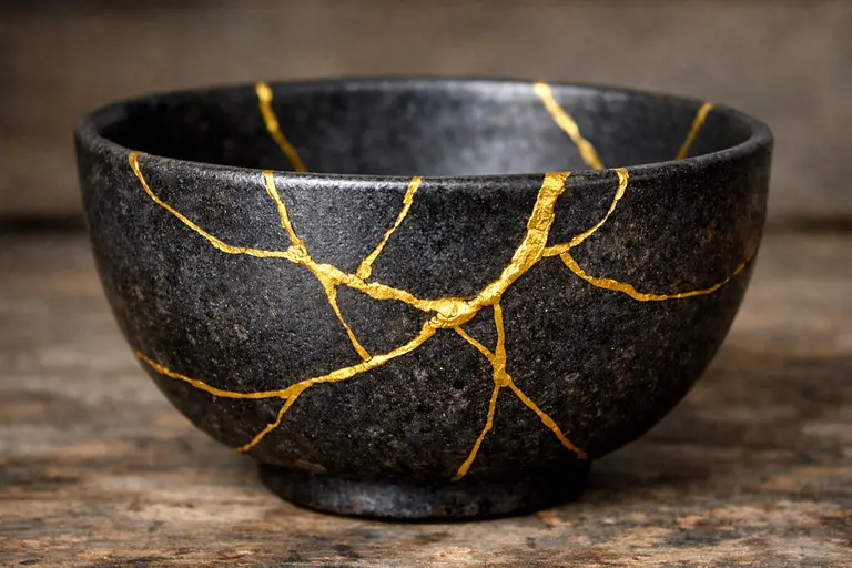A broken ceramic bowl repaired with gold veins illustrating Kintsugi Art in Jewelry.