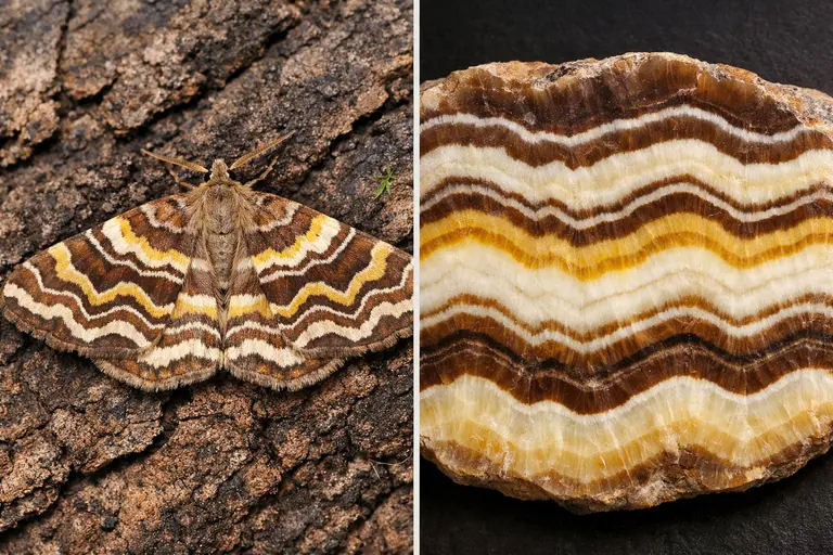 A brown patterned Lobogonodes moth resting next to a polished slab of Banded Calcite illustrating Lobogonodes Moth and Banded Calcite.