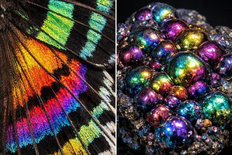 A colorful Madagascan Sunset Moth next to a piece of polished Rainbow Hematite illustrating Sunset Moth vs Rainbow Hematite.