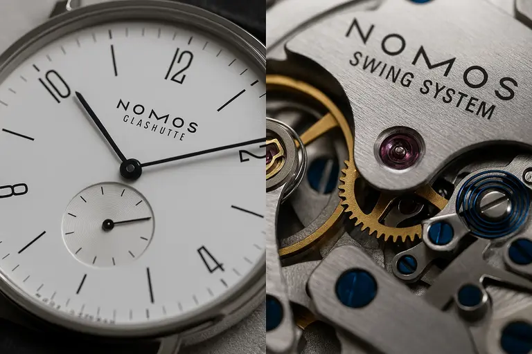 A minimalist NOMOS Tangente watch face next to a movement schematic illustrating NOMOS Glashütte 2026.