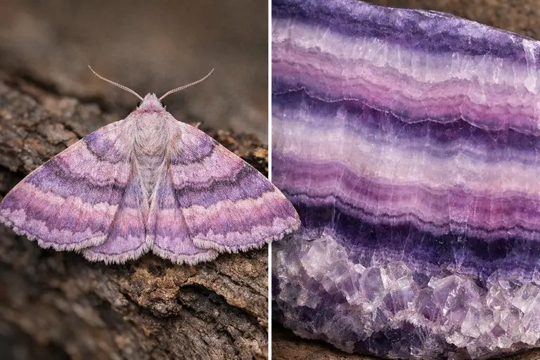 A vivid Pease Blossom Moth resting next to a banded slab of Purple Fluorite illustrating Pease Blossom Moth and Purple Fluorite.