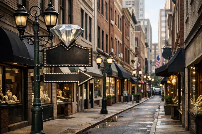 The historic street sign and brick storefronts of the Philadelphia Diamond District on Jewelers' Row.