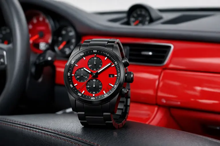 A customized Porsche Design Chronograph watch resting on the steering wheel of a Porsche 911 illustrating the Porsche Design Business Model.
