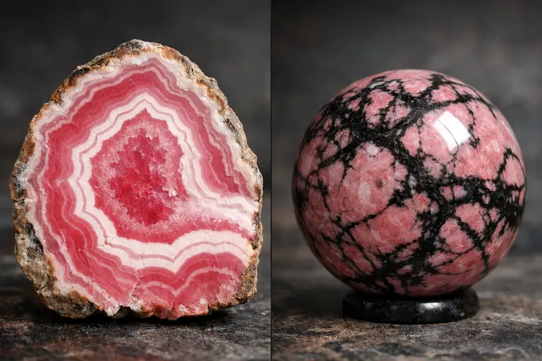 A pink banded Rhodochrosite cabochon next to a black-veined Rhodonite sphere illustrating Rhodochrosite vs Rhodonite.