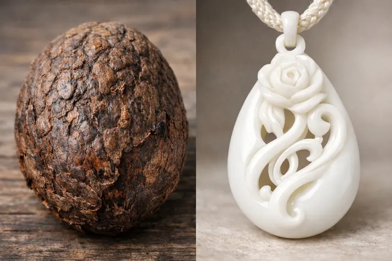 A carved white Vegetable Ivory pendant next to a raw brown Tagua Nut.