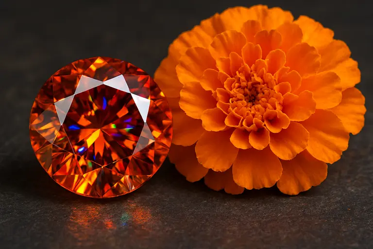 A fiery orange Sphalerite gemstone next to a blooming Marigold flower illustrating Sphalerite vs Autumn Flowers.